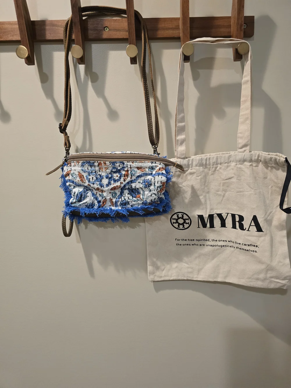 Myra Bag Blue and Brown Textile Fringe Crossbody